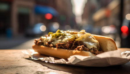 Hot dog with melted cheese on a wooden table in the city.の素材