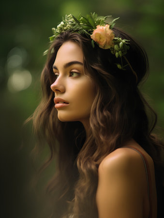 Portrait of a beautiful young woman with flowers in her hair.の素材