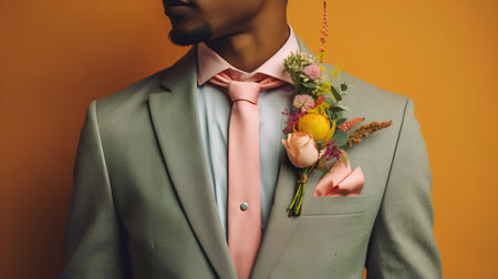 Close-up of a man in a suit with a bouquet of flowersの素材
