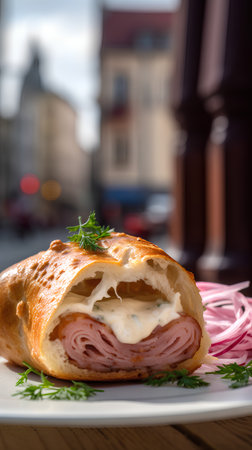 Roll with ham, cheese and onion on a white plate. Selective focus.の素材