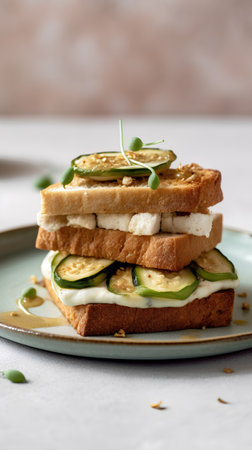 Vegetarian sandwich with zucchini and feta cheese on a light background.の素材