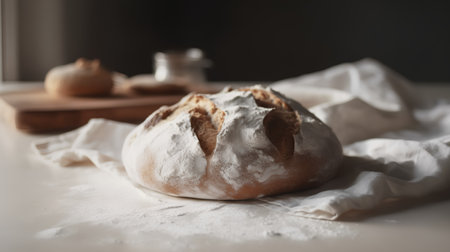 Freshly baked homemade bread on the table with flour. Selective focus.の素材