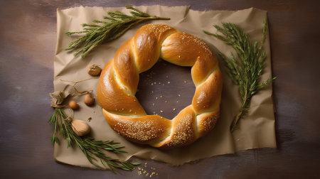 Bagel with sesame seeds and rosemary on brown backgroundの素材