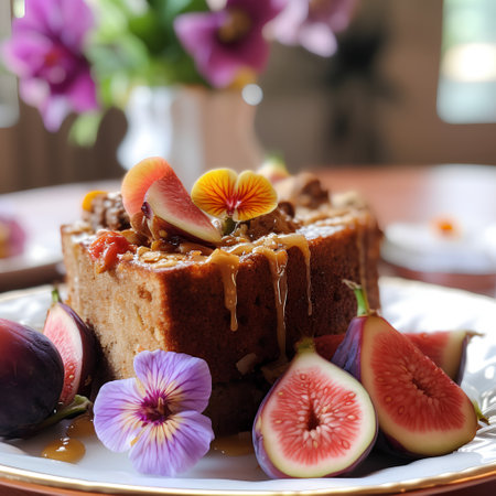 honey cake with figs and pansy flowers, selective focusの素材