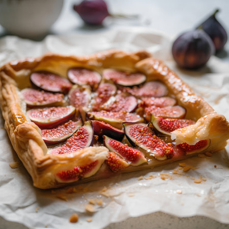 Homemade fig tart with fresh figs, selective focus. Square imageの素材