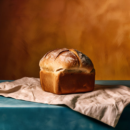 loaf of bread on a blue tablecloth on a brown backgroundの素材