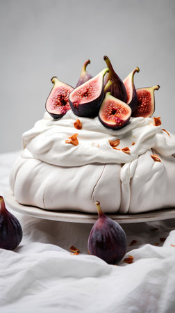 Meringue Pavlova cake with fresh figs on a white backgroundの素材