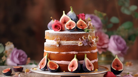 birthday cake with fresh figs and flowers on a wooden backgroundの素材