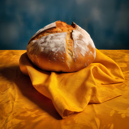 loaf of bread on a yellow napkin on a blue backgroundの素材
