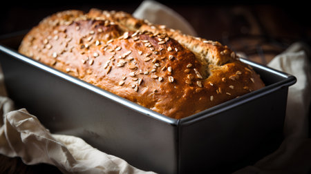 Freshly baked bread with sunflower seeds in a baking dish.の素材