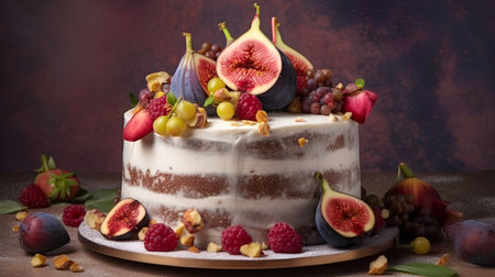Fruit cake with figs, grapes and chocolate on brown backgroundの素材