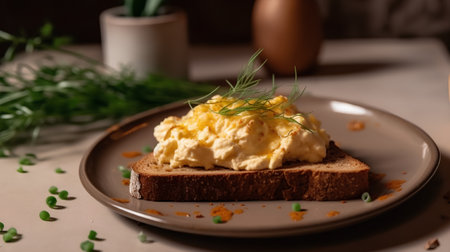 Scrambled eggs with dill on toast bread, selective focusの素材