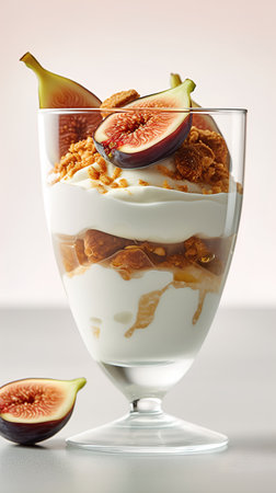 Healthy breakfast with yogurt, fresh figs and granola in glassの素材