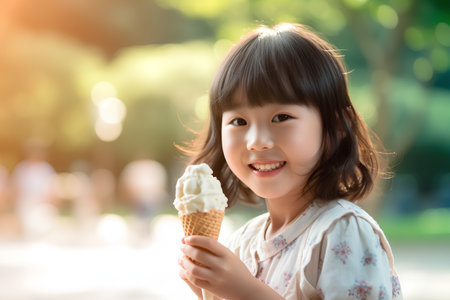 Cute asian little girl eating ice cream in the outdoor parkの素材