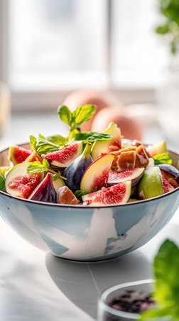Fresh fruit salad with figs, blueberriescots and mint on a light backgroundの素材