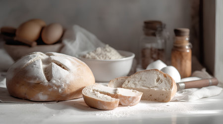 Fresh bread and ingredients for baking on a light background. Toned.の素材