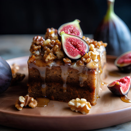 Honey cake with figs and walnuts on a wooden plateの素材