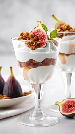 Greek yogurt parfait with fresh figs and granola.の素材