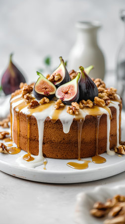 Caramel bundt cake with figs, nuts and honey.の素材