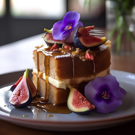 Honey toast with figs and blue flowers. Selective focus.の素材