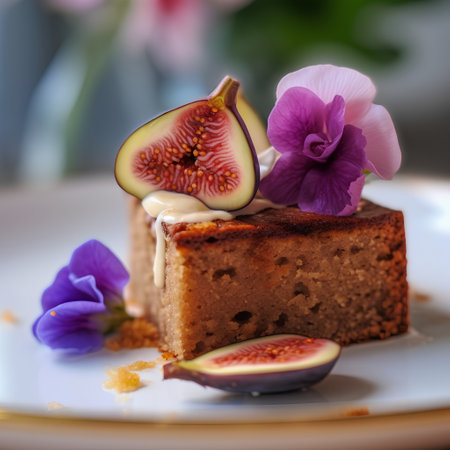 Piece of cake with cream and figs on a white plateの素材