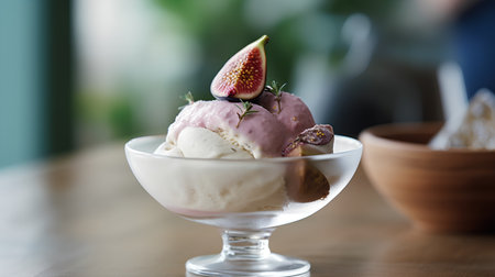 Fruit ice cream with fresh figs in a glass bowl.の素材