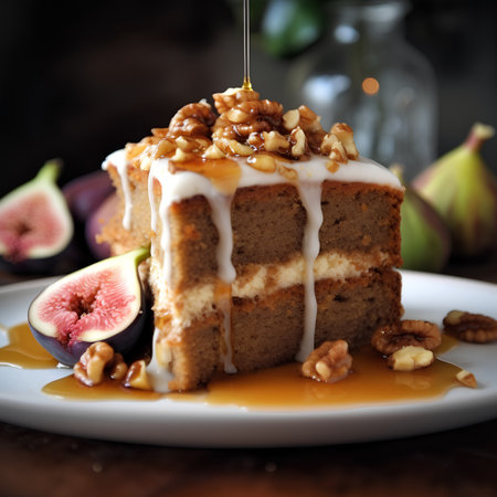 Homemade cake with honey and walnuts on a wooden table.の素材