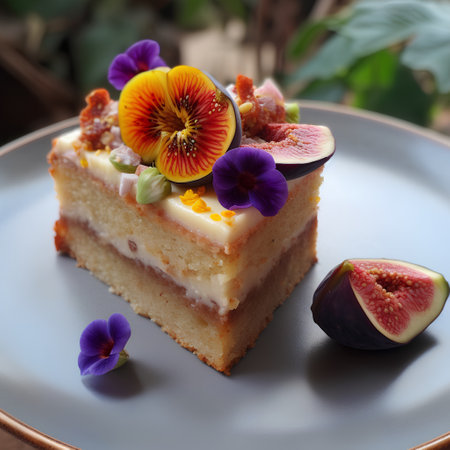Piece of cake with figs and pansy flowers. Selective focus.の素材