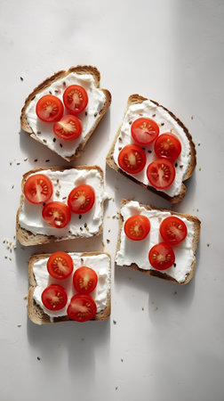 Cherry tomatoes and cream cheese on toast bread on white background.の素材