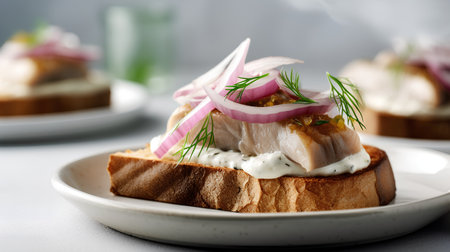 Sandwiches with herring, onion and mayonnaise on a plateの素材