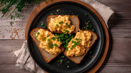 scrambled eggs on toast bread with green onions and dillの素材