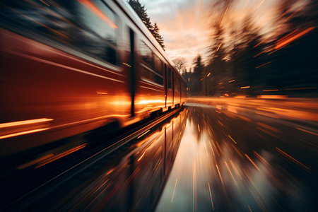 Train on the road with motion blur. Concept of speed and motion.の素材