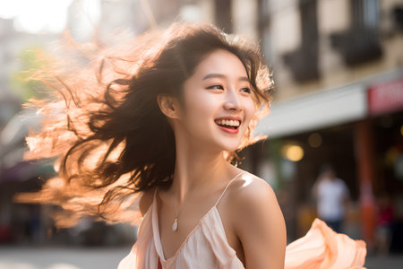 Portrait of beautiful asian woman with flying hair in the cityの素材