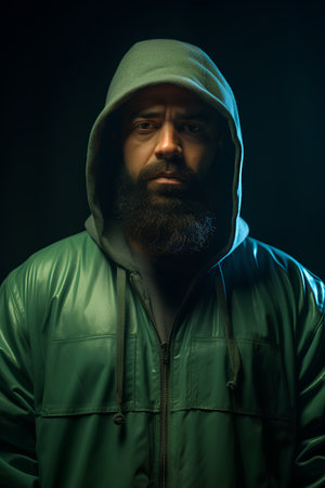 Portrait of a bearded man in a green jacket on a dark background.の素材