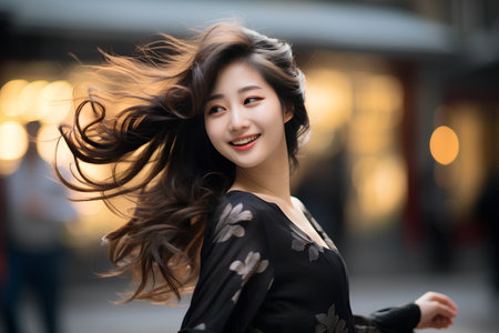 beautiful asian woman with wind in her hair, asian beautyの素材