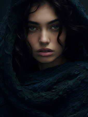 Portrait of a beautiful young woman in a black shawlの素材