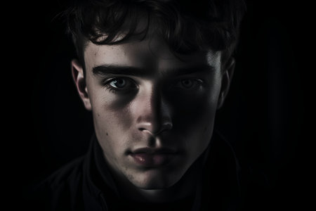 Portrait of a young man in the dark. Close-up.の素材