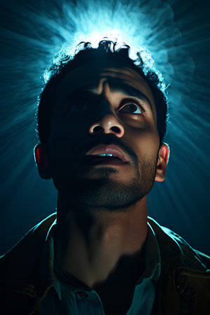 Portrait of a young man in a dark room with lights.の素材