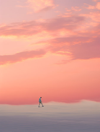 Man walking on the clouds at sunset. 3D render illustration.の素材