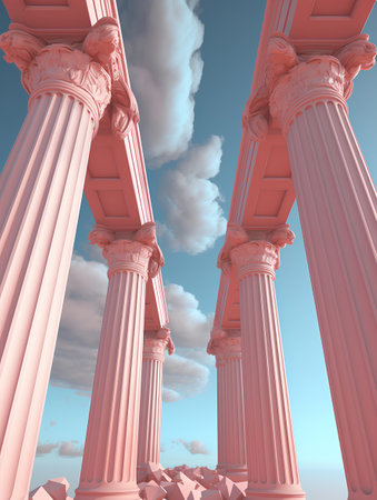 Ancient greek columns with blue sky and clouds, 3d renderの素材