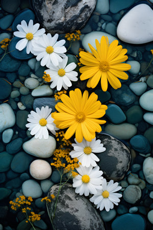 White and yellow daisies on a pebble background.の素材