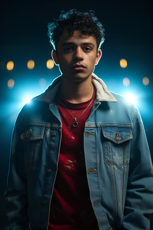 Portrait of a young man in a denim jacket on a dark backgroundの素材