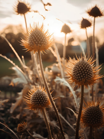 Dry thistle flowers in the field at sunset. Nature backgroundの素材