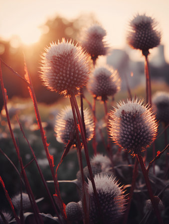 Beautiful flowers in the meadow at sunset. Nature background.の素材
