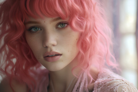 Portrait of a beautiful young girl with pink hair and frecklesの素材