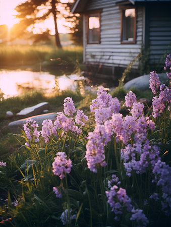 Lilac flowers in the foreground of a cottage in the backgroundの素材