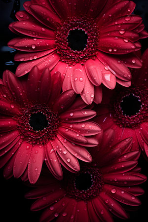 Beautiful red gerbera flowers with water drops on black backgroundの素材