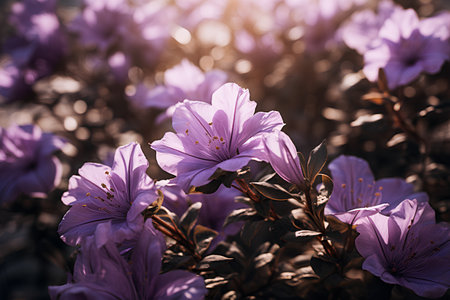 Purple azalea flowers blooming in the garden at sunset.の素材