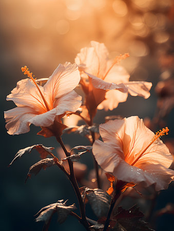 Hibiscus flowers in the morning light. Vintage style.の素材