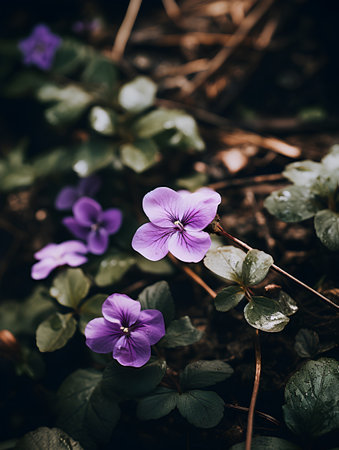 Viola tricolor in the spring forest. Close up.の素材